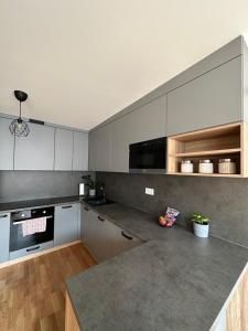 a kitchen with white cabinets and a gray counter top at The presidential studio in Bratislava