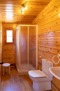 uma casa de banho com um chuveiro, um WC e um lavatório. em ALBERGUE CONTRERAS em Minglanilla