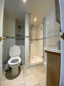 a bathroom with a shower and a toilet and a sink at High end cottage in amazing location. Only 1 minute from the sea! Beautifully decorated 3 level home. 5* reviews in Lyme Regis