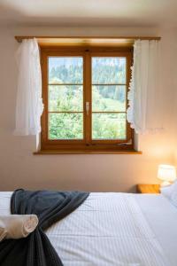 sypialnia z łóżkiem i oknem w obiekcie Peacefull Mountains View w mieście Kandersteg