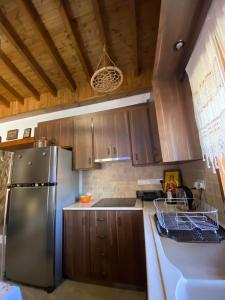 a kitchen with a stainless steel refrigerator and wooden cabinets at Lofitiko in Lofou