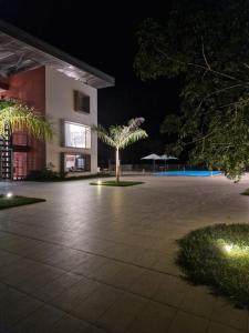 a courtyard at night with a palm tree in front of a building at Ibis Styles Mayotte Aéroport in Pamandzi