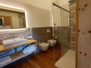 La salle de bains est pourvue d'un lavabo, de toilettes et d'un miroir. dans l'établissement DOLOMITES B&B - Suites, Apartments and SPA, à Tesero