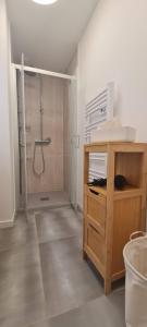 uma casa de banho com um chuveiro e uma cabina de duche. em La Casa De Nonna - logement classé 2 étoiles em Rochefort