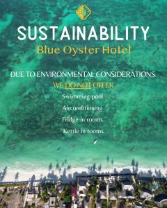 a poster of a beach with the words sustainability blue oyster hotel at Blue Oyster Hotel in Jambiani