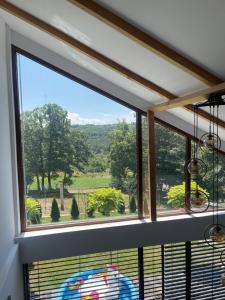 a window with a view of a park through it at Villa fg in Gjilan