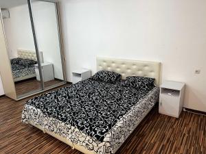 a bedroom with a bed and a large mirror at Ухоженная и уютная квартира!!! in Tiraspol