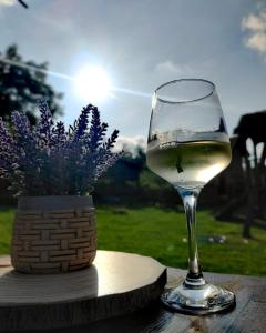 a glass of white wine next to a vase of flowers at Palanačka Avlija 3 in Ripanj