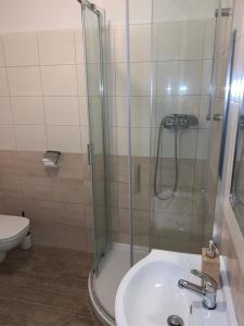 a bathroom with a shower and a sink and a toilet at Only Ladies hostel - female only in Prague