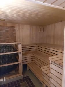 a sauna with wooden walls and wooden shelves at Apartamenti Dundaga XXL in Dundaga