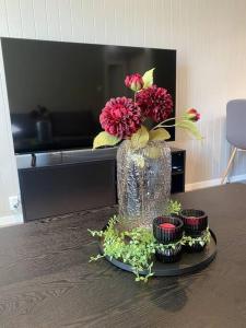 un vase avec des fleurs roses au-dessus d'une table dans l'établissement Mycondo no - Snorres gt 4b apt 1 - Gratis parkering, à Tønsberg
