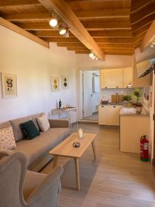 sala de estar con sofá, mesa y cocina en Finca Los Ángeles, en Trapiche