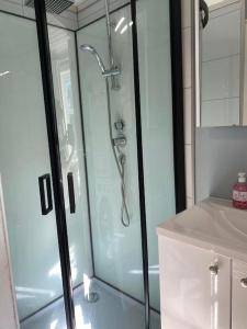 a shower with a glass door in a bathroom at Mycondo no - Snorres gt 4b apt 2 - Gratis parkering in Tønsberg