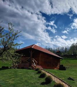 una baita di tronchi in un campo con cielo di Palanačka Avlija 1 a Ripanj