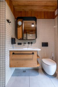 a bathroom with a toilet and a sink and a mirror at porichka in Korostov