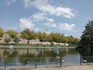 una vista di un lago con un edificio sullo sfondo di La Alameda Jardines del Prado -Amplio y con ascensor- a Talavera de la Reina