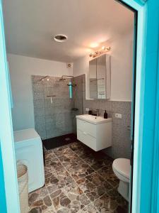 een badkamer met een wastafel, een toilet en een douche bij Casa Turquesa en Tazacorte in Tazacorte