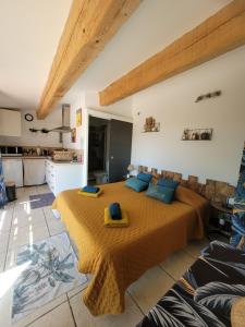 - une chambre avec un grand lit et des oreillers bleus dans l'établissement Studio dans maisonnette en pierre, au Castellet