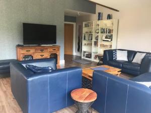 un soggiorno con divani blu e TV di The Riverside Apartment on Cheddar Bridge Apartments a Cheddar