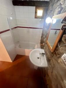 uma casa de banho com um lavatório e um chuveiro em Casa Rural Basiver - Habitación Pico Samelar em Armaño