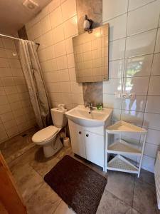 a bathroom with a sink and a toilet and a mirror at Hotel Radzewice in Radzewice