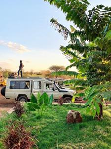 un hombre está parado sobre un vehículo en Jua Manyara Lodge & Camp Site en Mto wa Mbu