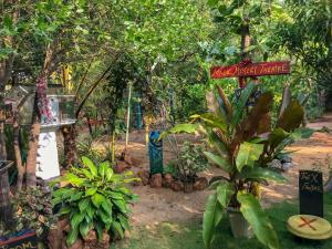 un jardín con árboles y plantas y un cartel que lee el mercado de monos mágicos en A Place of True Colors, en Pottuvil