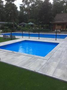 una piscina de agua azul en un patio en Chalet op Vakantiepark Dennerhode en Doornspijk