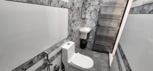 a bathroom with a white toilet and a shower at Bliss Beach Villa in Alleppey