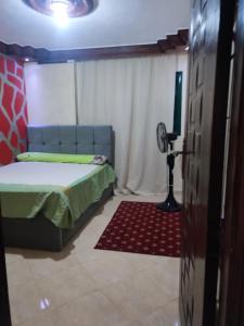 een slaapkamer met een bed en een lamp erin bij Spacious apartment with Nile view in Al Ma‘şarah