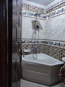 een badkamer met een bad en een douche bij Spacious apartment with Nile view in Al Ma‘şarah