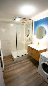 La salle de bains est pourvue d'une douche, d'un lavabo et d'un lave-linge. dans l'établissement * Le Rétro : hyper centre*, à Luxeuil-les-Bains