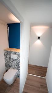 La salle de bains est pourvue de toilettes et d'un mur bleu. dans l'établissement * Le Rétro : hyper centre*, à Luxeuil-les-Bains