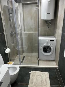 uma casa de banho com um chuveiro e uma máquina de lavar roupa em Dan apartment Tirana em Tirana