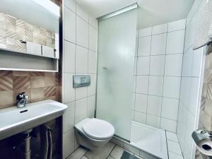 La salle de bains est pourvue de toilettes, d'un lavabo et d'une douche. dans l'établissement Monteurzimmer ZIMMERzuVERMIETEN in Lengnau BE, à Lengnau