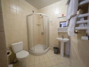 a bathroom with a shower and a toilet and a sink at Villa Shale MarSo in Bukovel +43 photos
