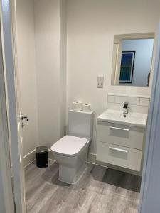 a white bathroom with a toilet and a sink at Stunning and Spacious 2bed flat in central Woking in Woking