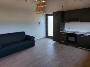 ein Wohnzimmer mit einem Sofa und einer Küche in der Unterkunft Appartamento dei Tigli in Bra
