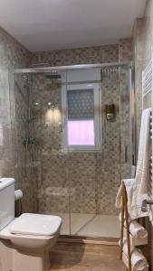 Pelayos de la PresaにあるAPARTAMENTOS PRADERAS PANTANO SAN JUANのバスルーム(シャワー、トイレ付)、窓が備わります。