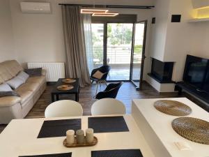 ein Wohnzimmer mit einem Sofa und einem TV in der Unterkunft Dazzling and stylish 2BR Apartment in Athen