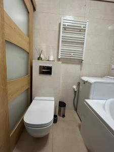 La salle de bains est pourvue de toilettes blanches et d'un lavabo. dans l'établissement Apartament Sky, à Leszno