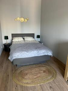 - une chambre avec un lit et un tapis au sol dans l'établissement Apartament Sky, à Leszno