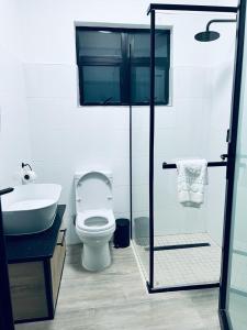a white bathroom with a toilet and a sink at Mayswood Self Catering Apartments in Gaborone