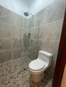 een badkamer met een toilet en een glazen douche bij R Las chulas in Puerto Morelos