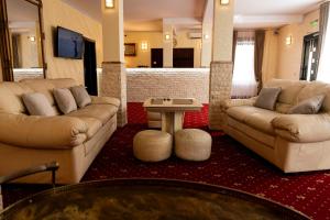 Sala de estar con 2 sofás y mesa en Villa Harry en Moşniţa Nouă