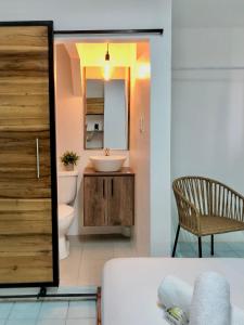 佩德納萊斯的住宿－HOTEL PLAYAS PERDERNALES ECUADOR，一间带水槽、卫生间和镜子的浴室