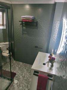 een badkamer met een wastafel, een toilet en een spiegel bij Alójate en Vigo! Piso moderno y funcional in Vigo