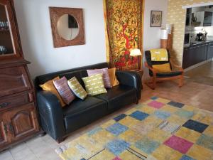 a living room with a black leather couch with pillows at Volets Verts in Montauriol