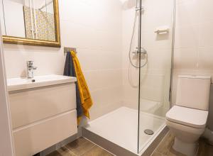 un bagno con doccia, WC e lavandino di Art Apartament Chmielna 10 a Varsavia Altre 6 foto