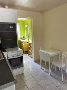 a kitchen with a stove and a table with chairs at Grand studio in Salles-sous-Bois